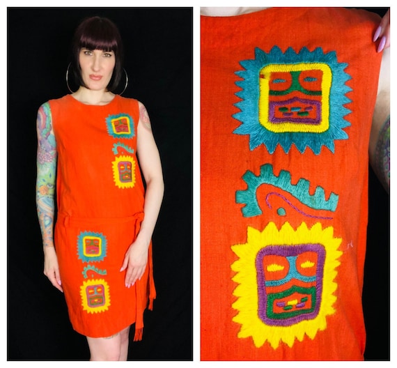 Vintage 1960's Colorful Geometric Embroidered Tri… - image 1