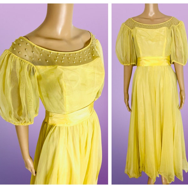Vintage 1940's Buttercup Yellow Netted Rayon Gown w/ Pearl Studded Neckline - size Small XS