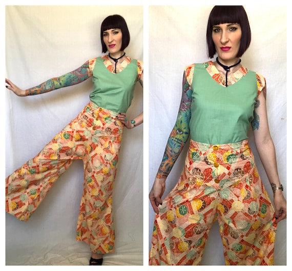 Vintage 1930's Art Deco Print Cotton Beach Pajamas