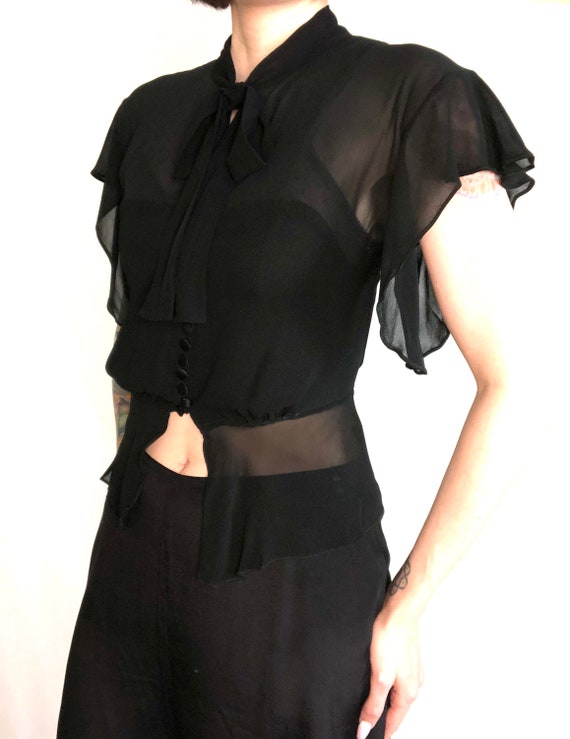 Vintage 1930's Jet Black Rayon Chiffon Flutter Sl… - image 9