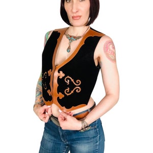 Vintage 1970&#39;s Black Suede and Caramel Brown Leather Trimmed Western Style Vest - size Medium Large