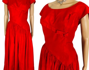 Vintage 1950's Lipstick Red Taffeta Asymmetrical Sculptural Fit and Flare Gown - size Small