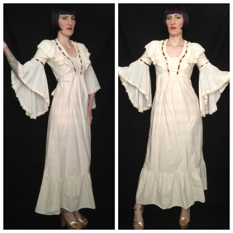 Vintage 1960's 1970's Ivory Cotton Trumpet Sleeve Gypsy Maxi Dress size Small Medium image 1