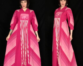 Designer Vintage 1970's Pink Chevron Striped Mexican Embroidered Ribbon Work Fringe Bishop Sleeve Caftan Dress - size Small Medium