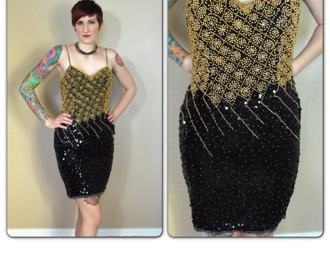 1980's Sparkling Gold and Black Sequin Evening Cocktail Party Dress ...