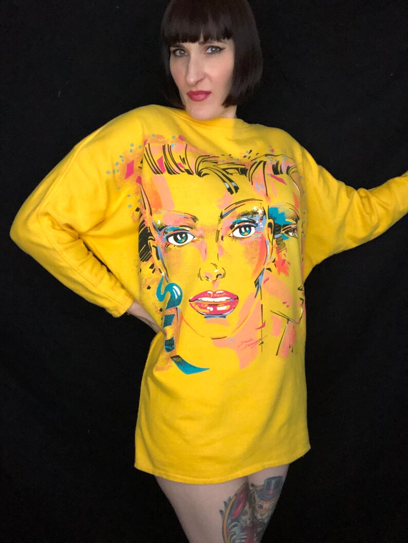 Vintage 1980s New Wave Style Face Novelty Print Sweatshirt Made in France One Size Fits Most image 6