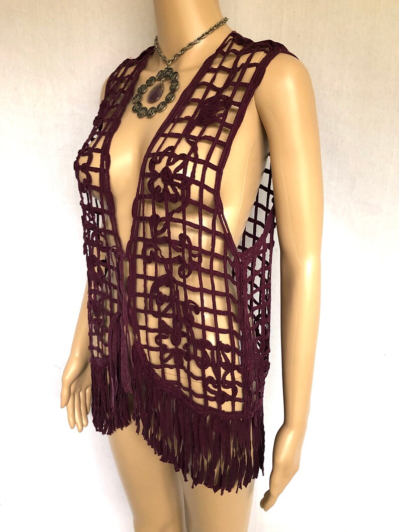 Vintage 90s Purple Cage Lattice Floral Fringe Vest size Medium image 6