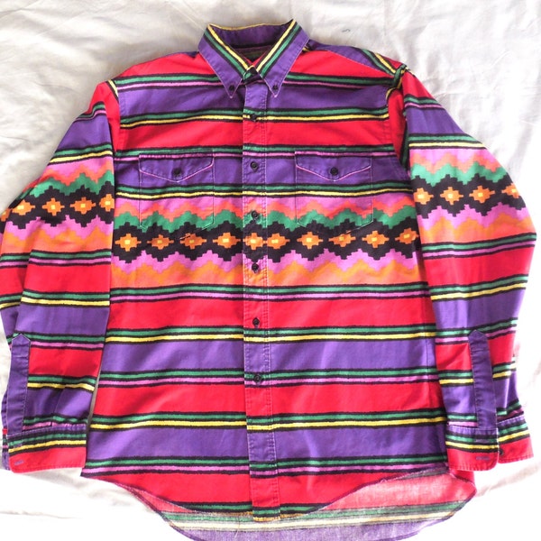 Men's Vintage 90s Multicolor Striped Aztec Southwestern Print Long Sleeve Western Shirt by Wrangler - size Large 16 x 35