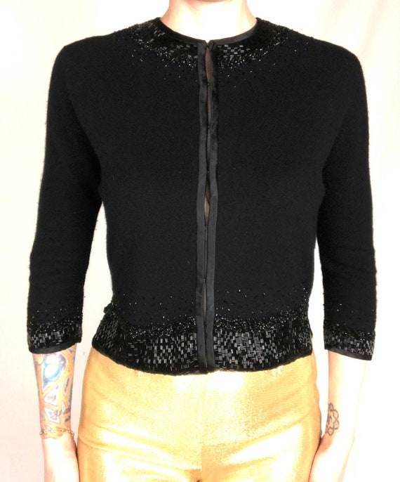 Vintage 1960's Jet Black Knit Cardigan Sweater w/… - image 1