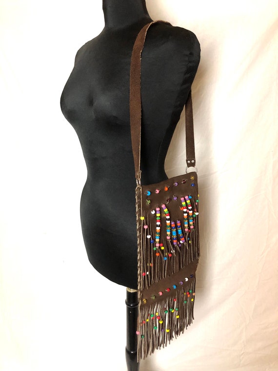 Vintage 60s 70s Brown Suede Leather Rainbow Beade… - image 5