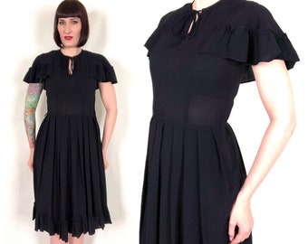 Vintage 1940's Navy Blue Rayon Pleated Fit and Flare Dress w/ Ruffled Capelet / Flutter Sleeves - size Medium