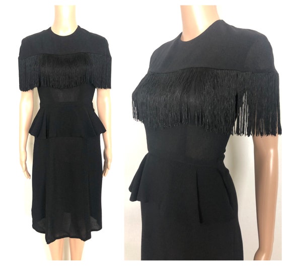 Vintage Late 1930s Early 1940s Black Rayon Crepe … - image 1