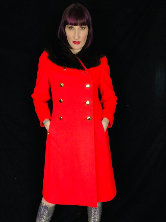 Vintage 1960's Bright Neon Red Wool Blend Double Breasted Peacoat w/ Lush Brown Mink Fur Collar Trim - size Small Medium