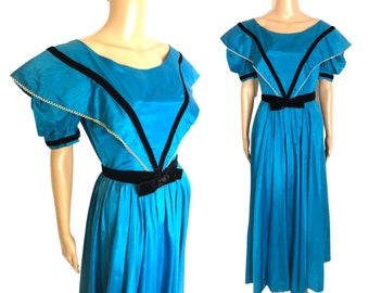 Vintage Victorian Style 1940's Cerulean Blue Acetate Taffeta & Black Velvet Trim Puff Sleeve Princess Gown - size Small