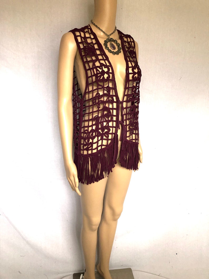 Vintage 90s Purple Cage Lattice Floral Fringe Vest size Medium image 5