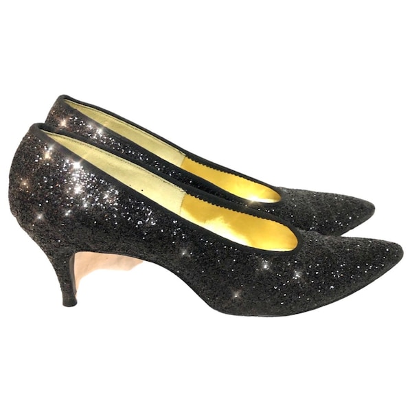 Vintage 1950's Black Sparkly Glitter Pointed Toe Heels - size Women's US 8 or 8.5 / 8 1/2 narrow