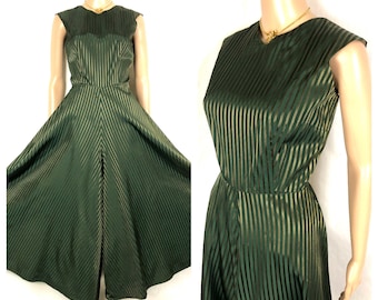 Vintage Late 1940's Green Striped Sharkskin Taffeta Wide Leg Jumpsuit - size Small Medium