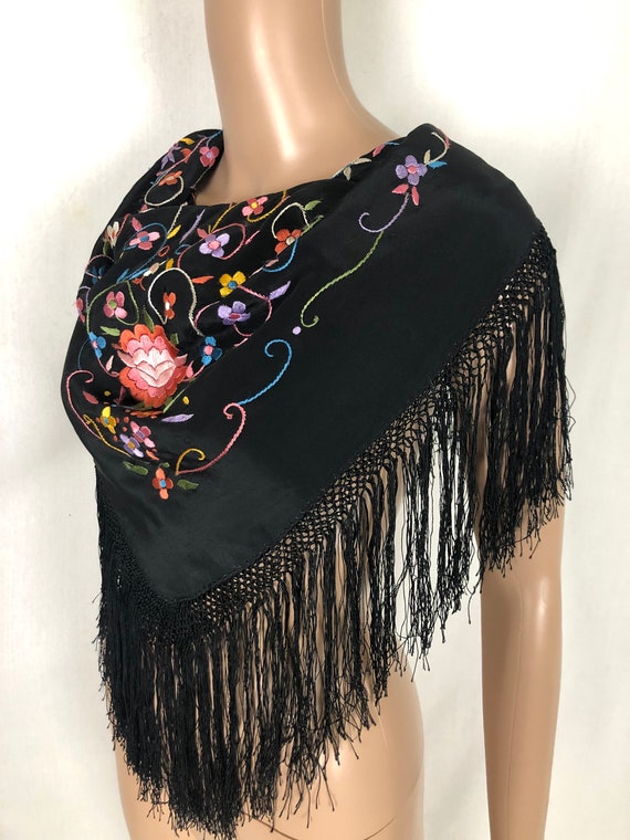 Antique 1920's 1930's Black Rayon Fringed Colorfu… - image 4