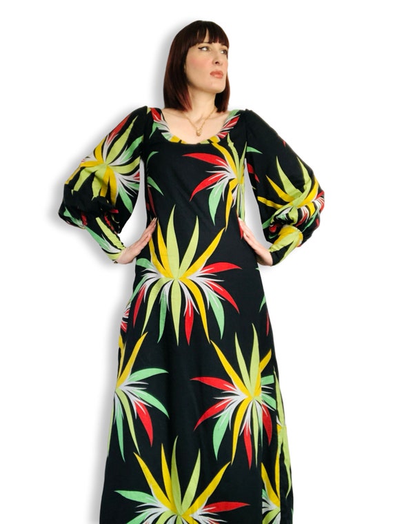 Amazing Vintage 1970's Italian Abstract Red Yellow Green Black Print Cotton Maxi Dress Gown w/ Leg O Mutton Bishop Sleeves - Small Medium
