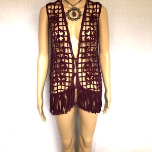 Vintage 90s Purple Cage Lattice Floral Fringe Vest size Medium image 2