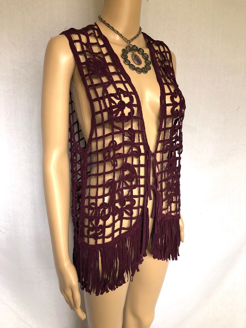 Vintage 90s Purple Cage Lattice Floral Fringe Vest size Medium image 4