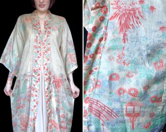 Antique 1920's Floral Chrysanthemum Japanese Pagoda Novelty Print Pongee Tissue Silk Kimono Robe