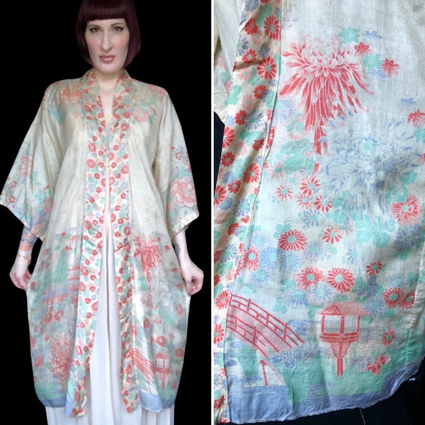 Antique 1920's Floral Chrysanthemum Japanese Pagoda Novelty Print Pongee Tissue Silk Kimono Robe