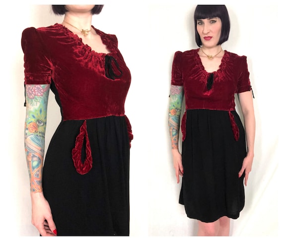 Vintage Late 1930's Red Velvet Puff Sleeve Peasan… - image 1