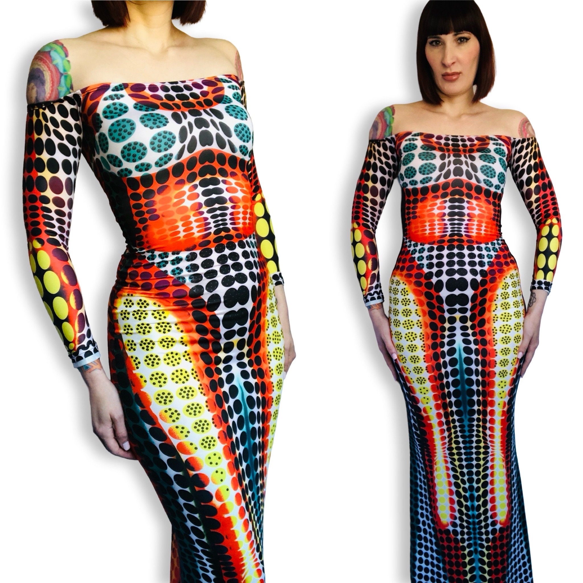 Iconic Cyberdot Dress - 3D Body Print Runway Catsuit Body Con Maxi Iconic Cyberdot Dress - 3D Body Print Runway Catsuit Body Con Maxi