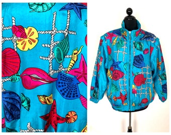 Vintage 90s Sea Shells Sea Shore Novelty Print Silk Oversized Windbreaker Jacket - size Medium Large
