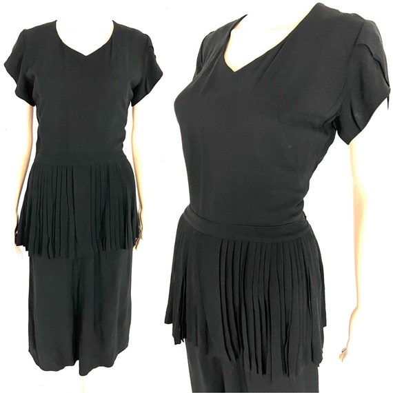 Vintage 1940's Jet Black Rayon Crepe Pleated Dres… - image 1