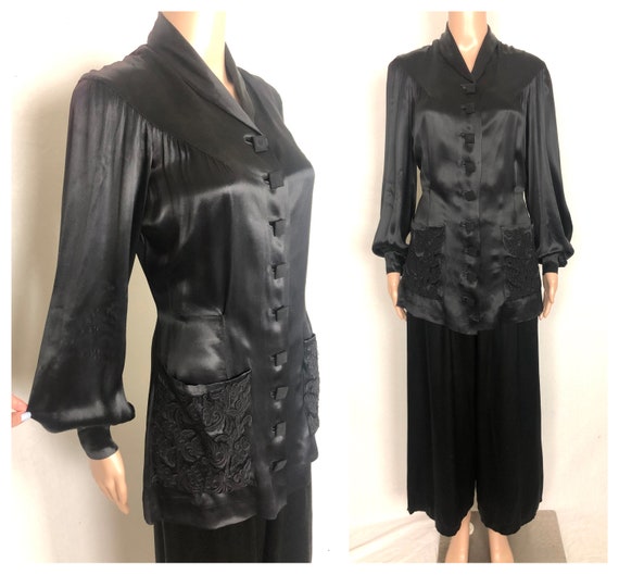 Vintage 1940's Black Satin Bishop Sleeve Blouse an
