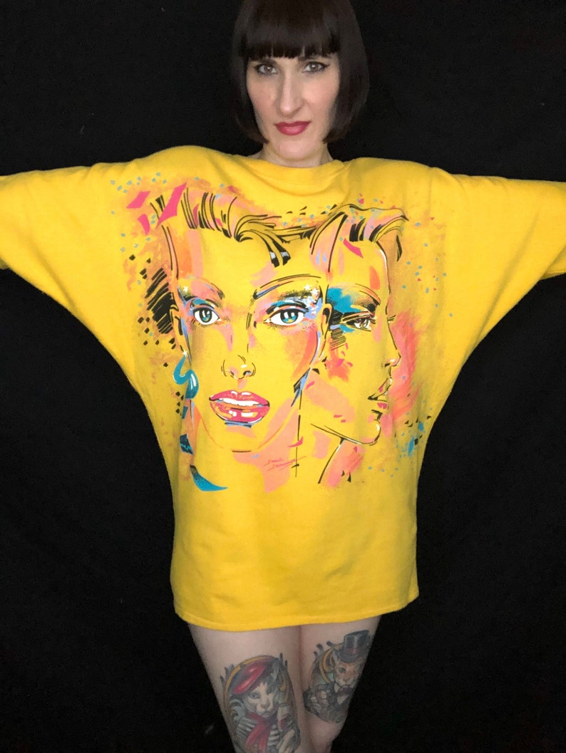 Vintage 1980s New Wave Style Face Novelty Print Sweatshirt Made in France One Size Fits Most image 1