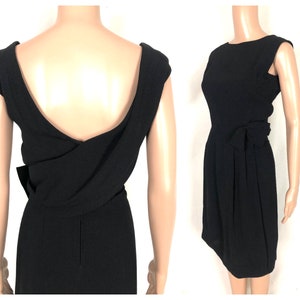 Vintage 1960&#39;s Jet Black Rayon Cocktail Dress LBD w/ Low Draped Back - size XS Extra Small