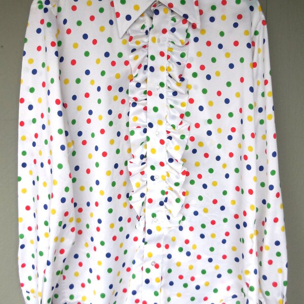 CIRCUS 1970's Polka Dot Rainbow Ruffled Men's Tuxedo Shirt - size Medium 15 1/2 - 35