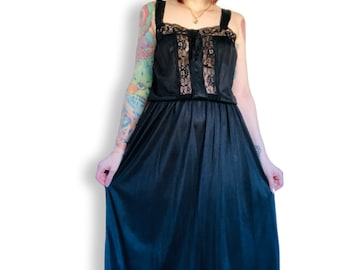 Vestido lencero vintage de nailon y encaje negro de los años 70 y 80 (talla pequeña y mediana)