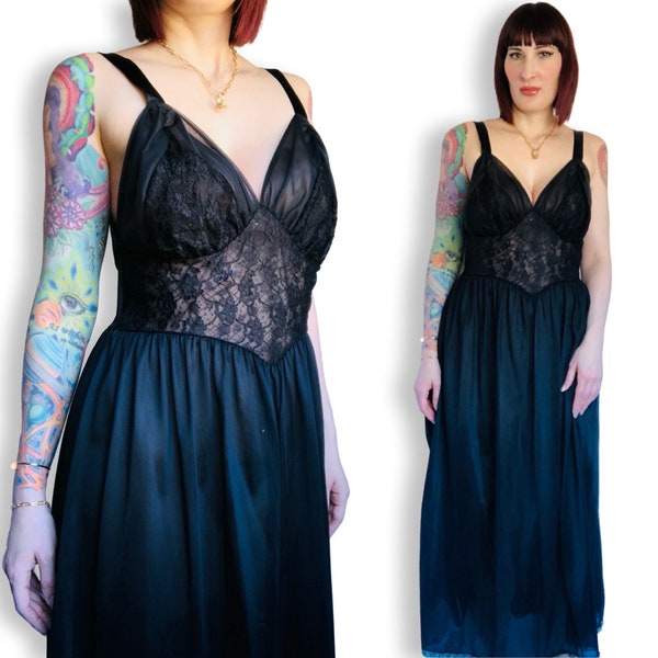 Vintage 50s 60s Black Sheer Chiffon & Lace Slip Nightgown Nightie Lingerie - size Medium