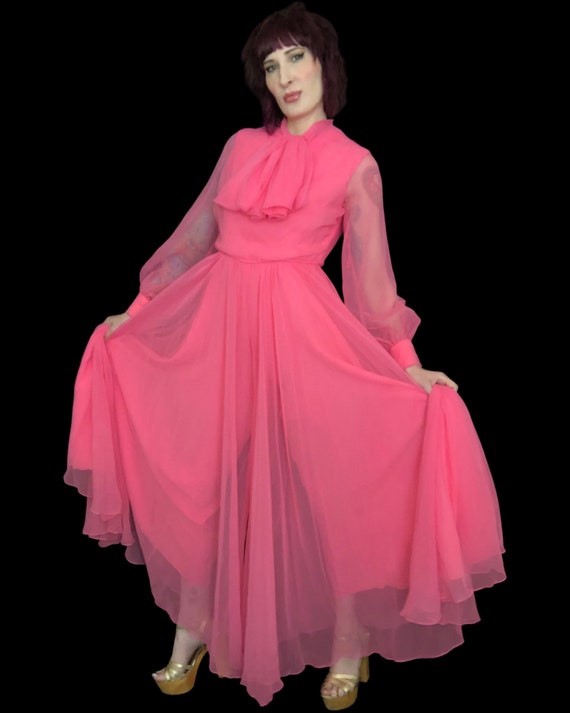 Vintage 1970's Barbie Pink Chiffon Bishop Sleeve … - image 1