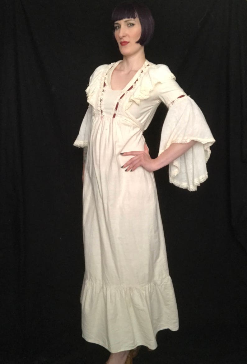 Vintage 1960's 1970's Ivory Cotton Trumpet Sleeve Gypsy Maxi Dress size Small Medium image 4