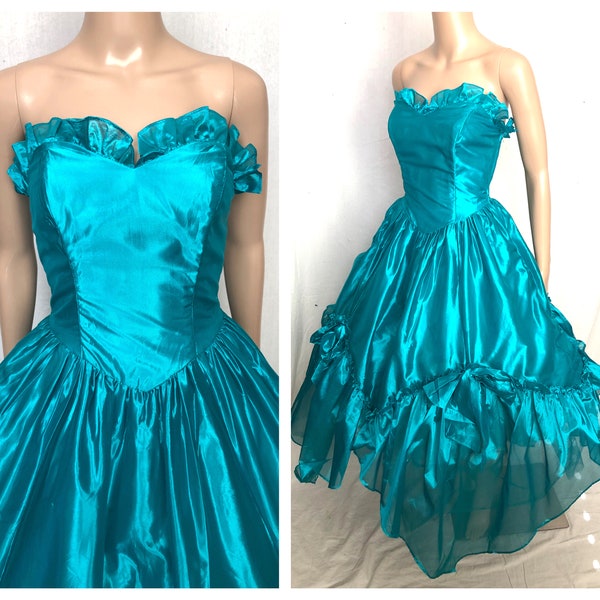 Magnifique Vintage des années 80 électrique Turquoise bleu sans bretelles Sweetheart buste s’adapter et Flare robe de soirée - taille Extra petit XS