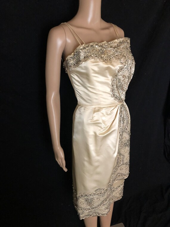 Vintage 1950's CEIL CHAPMAN Ivory Silk Satin Scul… - image 7