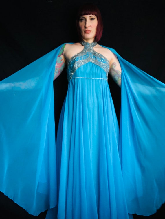 STUNNING Vintage 1970's Turquoise Blue Silk Chiffon Beaded Grecian Goddess Angel Sleeve Gown - Size Medium Small - Etsy UK STUNNING Vintage 1970's Turquoise Blue Silk Chiffon Beaded Grecian Goddess Angel Sleeve Gown - Size Medium Small - Etsy UK