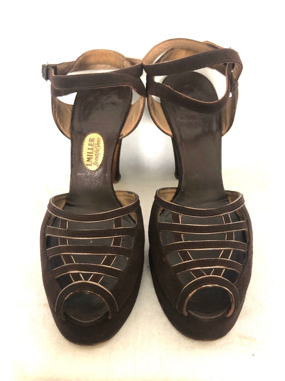 Vintage 1940's Chocolate Brown Suede Metallic Gol… - image 2