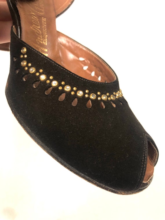 Vintage Late 1940's Brown Suede Slingback Heels w… - image 2