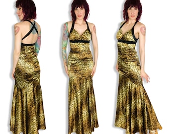 Vintage Y2K 90s Leopard Print Satin Mermaid Hem Gown - size Small Medium