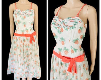 RARE Vintage 1950's Palm Tree Sunset Novelty Print Two-Piece Sun Dress and Bolero Jacket Set - size Small