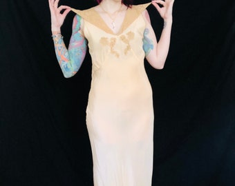 Vintage 1930's Blush Pink Rayon and Lace Bias Cut Nightgown Slip Dress w/ Pointed Daggar Collar and Racerback - size Medium Large