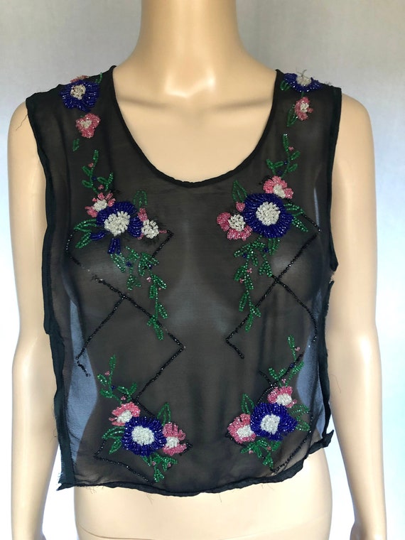 Antique 1920's Floral Beaded Sheer Dickey / Vest … - image 2