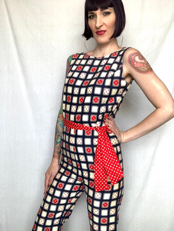 Vintage 1970's Geometric Red White Blue Checkered… - image 9