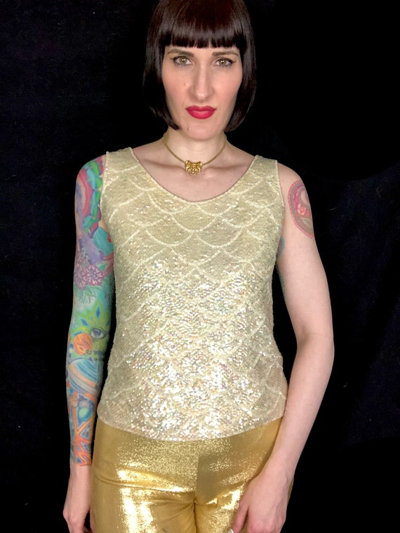 Vintage 1960's Cream Iridescent Pink Sequin Merma… - image 2